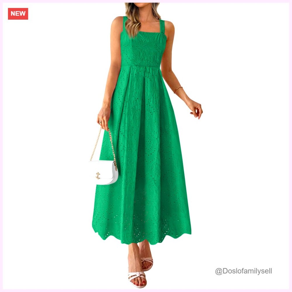 Sleeveless Maxi Dress With Eyelet Hollow Out Square Neck Ruffle Flowy